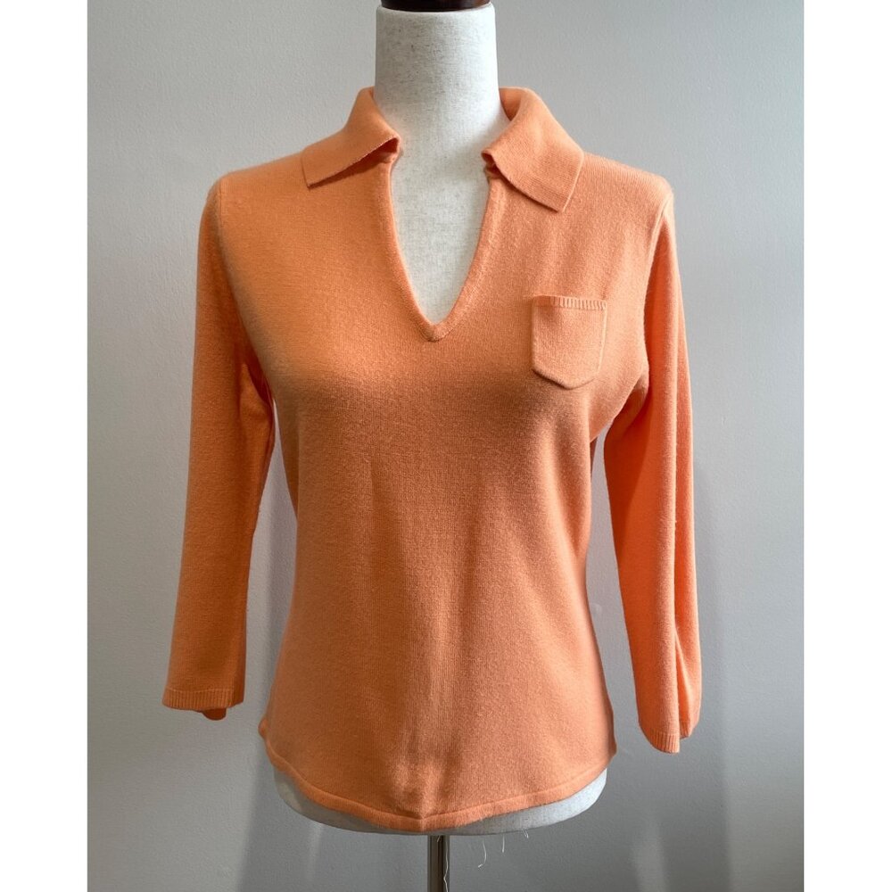 VTG Sag Harbor V-Neck Collard Sweater Womens M Peach 3/4 Sleeve 100% Acrylic 90s - Picture 1 of 6